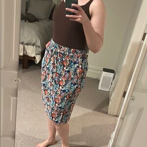 Floral Print plisse skirt elastic waist side slits